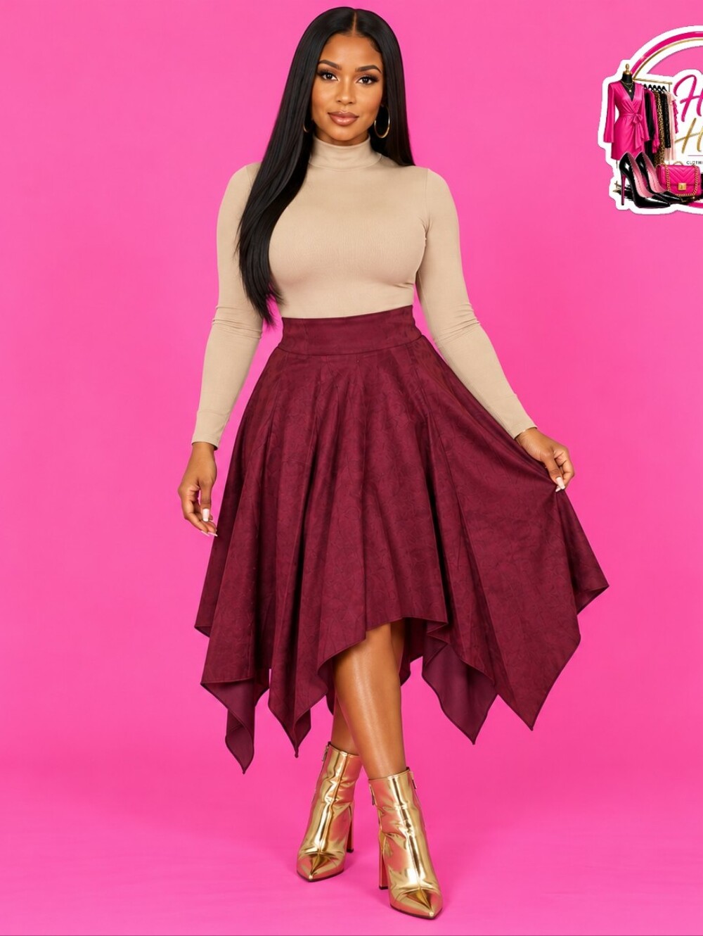 Handkerchief Hem Midi Skirt in Burgundy
